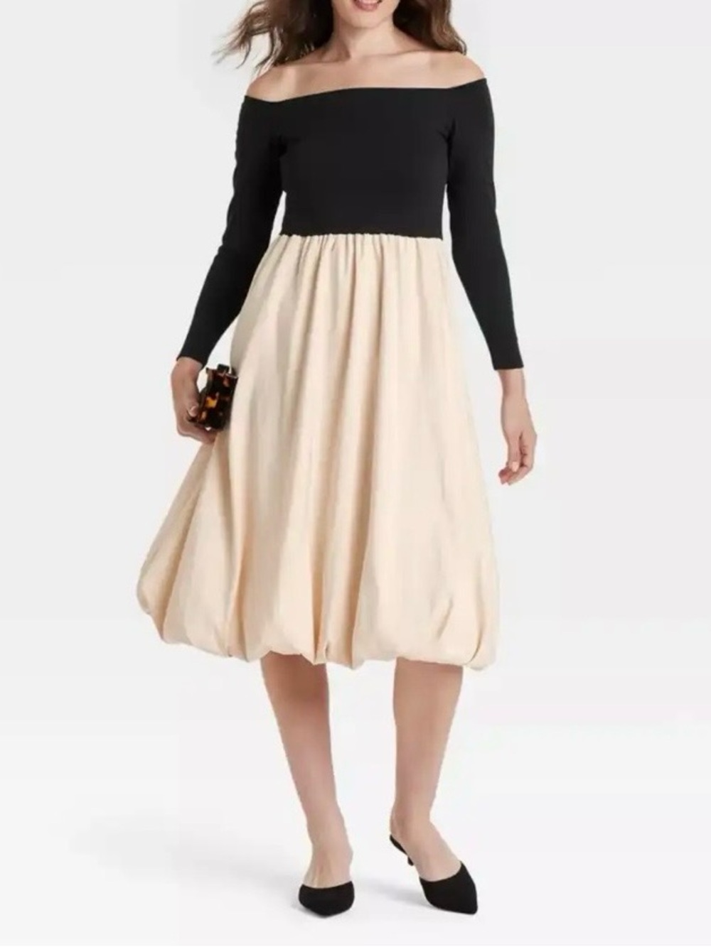 A New Day Long Sleeve Midi A-Line Dress Bubble hem Black cream Size CS NWT
